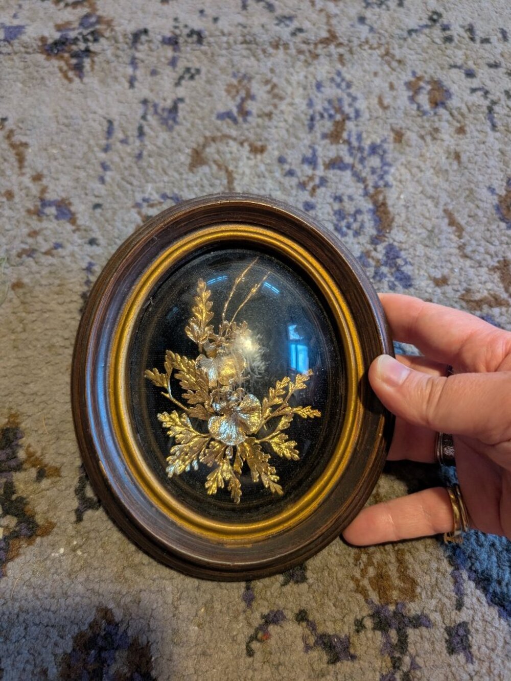Vintage Flora Hawaii Flowers Hawaiian Fern 24k Gold Oval Frame 6.5" x 5.5"
